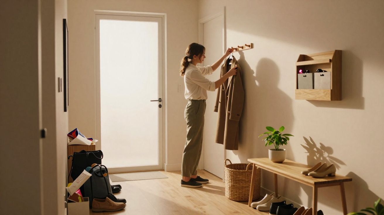 Mulher a pendurar casaco castanho num cabide num corredor claro e organizado com sapatos e plantas.