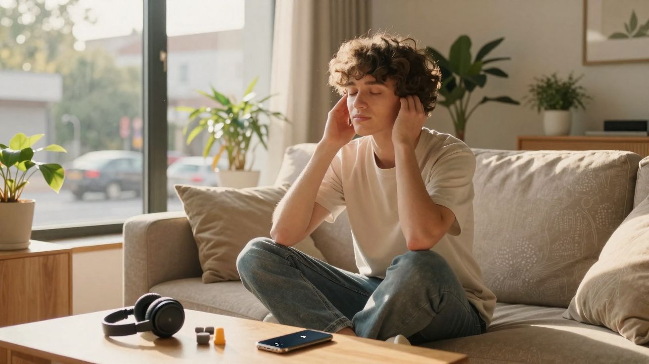 Jovem sentado no sofá a ouvir música com auscultadores, olhos fechados, num ambiente luminoso e acolhedor.