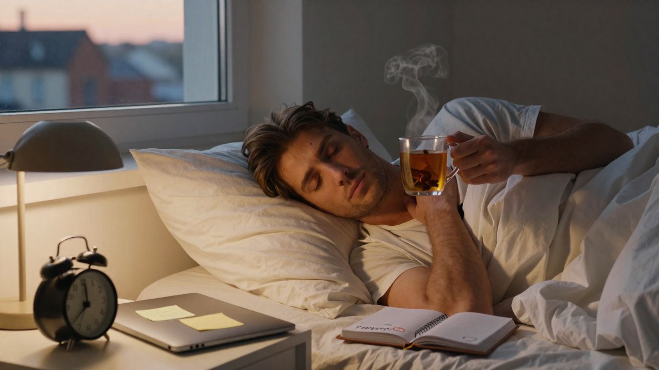 Homem deitado na cama de manhã, segurando chá quente, com despertador e computador na mesa ao lado.