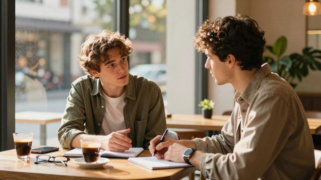 Dois jovens conversam e fazem anotações numa mesa de café com bebidas e óculos.