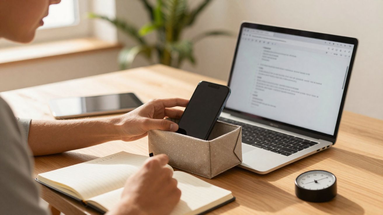 Pessoa a trabalhar à mesa com computador portátil, telemóvel, caderno e temporizador analógico.