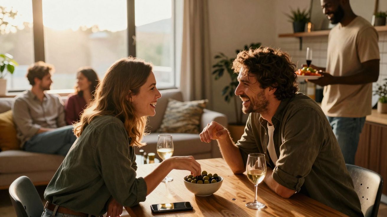 Quatro amigos a socializar numa sala, com vinho e snacks, num ambiente acolhedor e iluminado pelo sol.