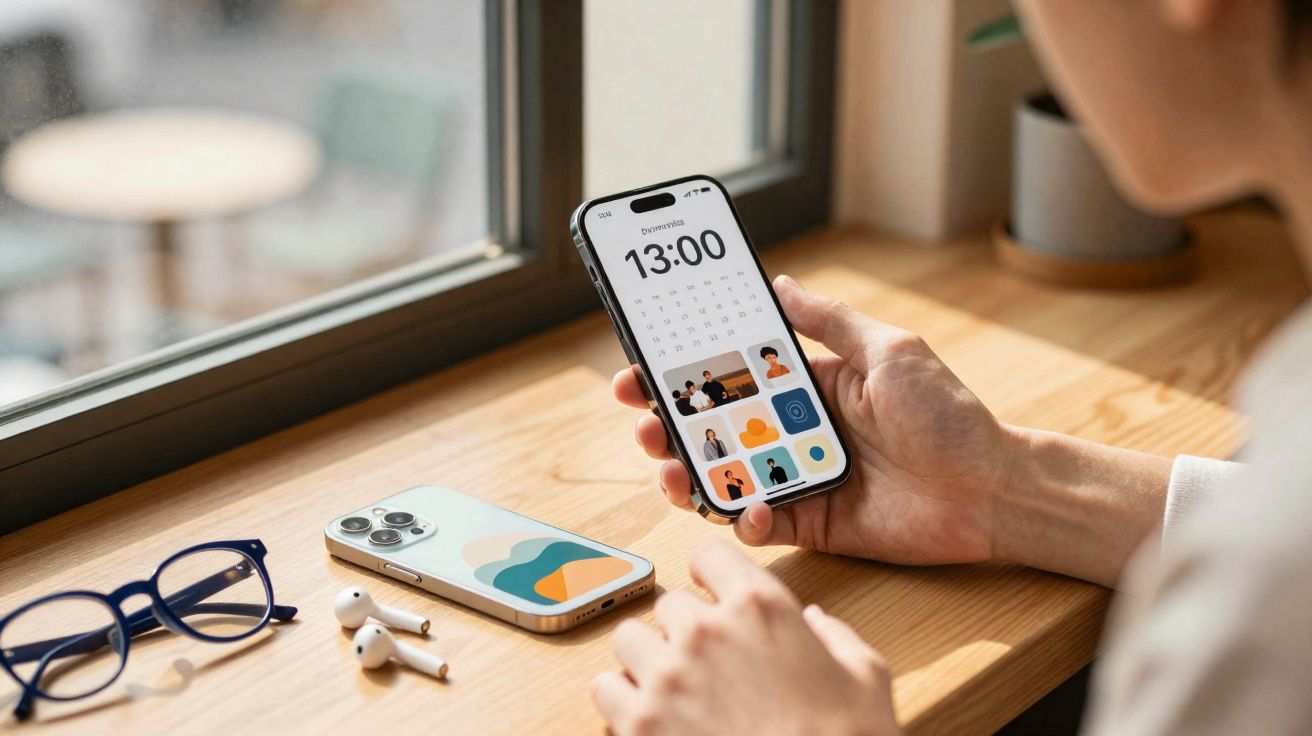 Pessoa a usar um smartphone com ecrã de vídeo chamada junto a uma mesa com óculos, auscultadores e outro telemóvel.