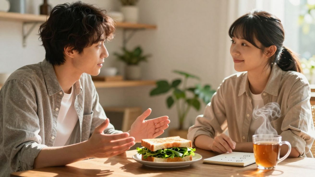 Homem e mulher conversam à mesa com sanduíche e chá quente num ambiente acolhedor e iluminado.