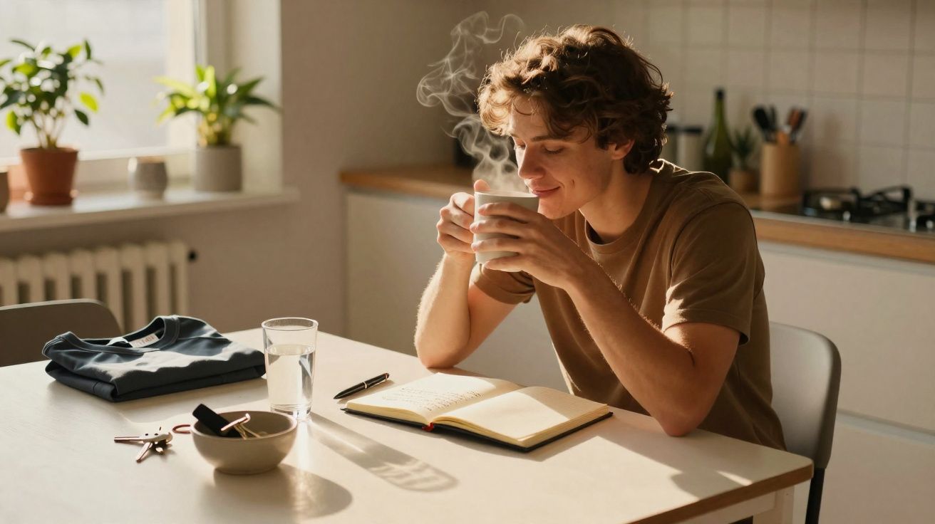 Jovem sentado à mesa na cozinha a segurar uma chávena quente com um caderno aberto à sua frente.