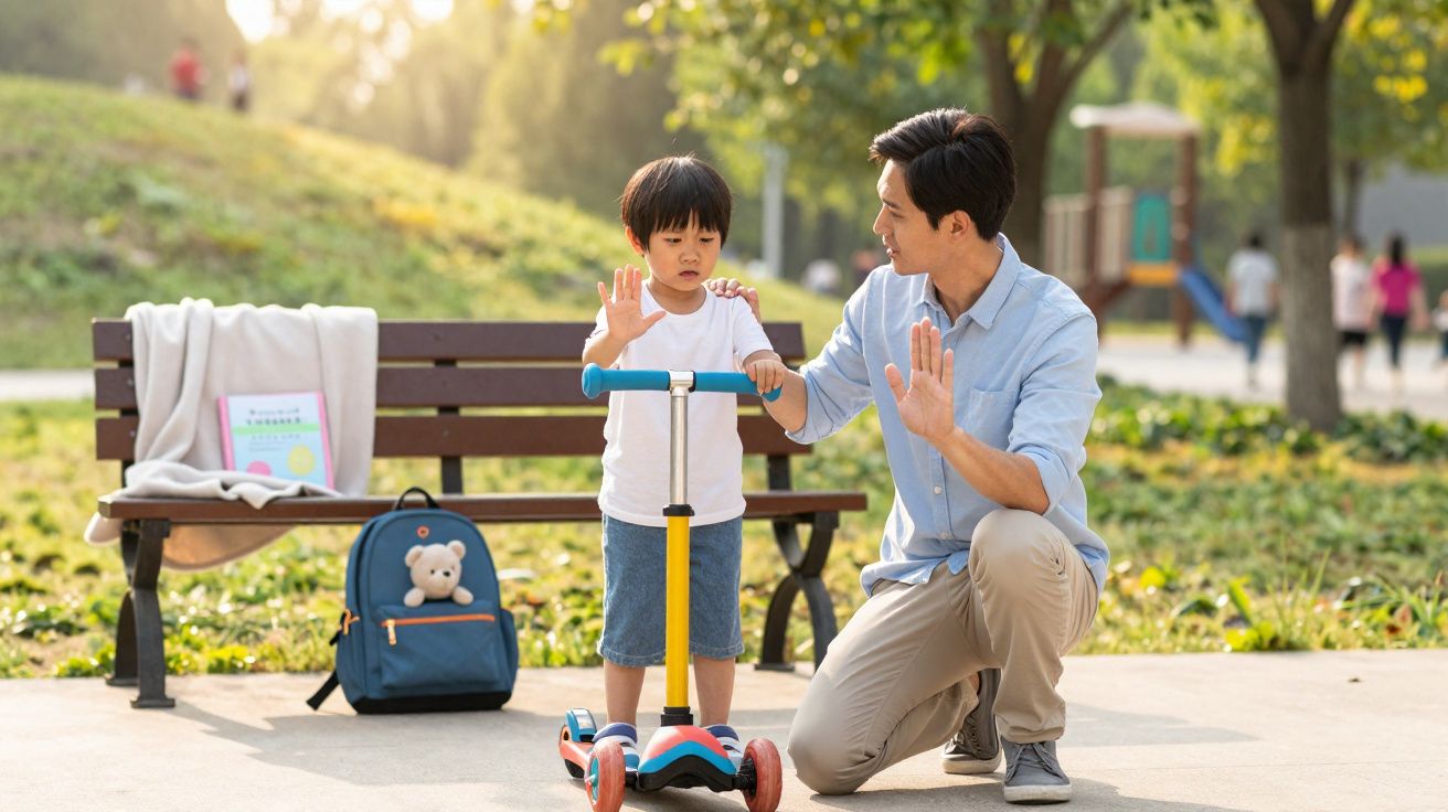 Pai ajoelhado ensina filho a andar de trotinete num parque, com mochila e banco ao fundo.