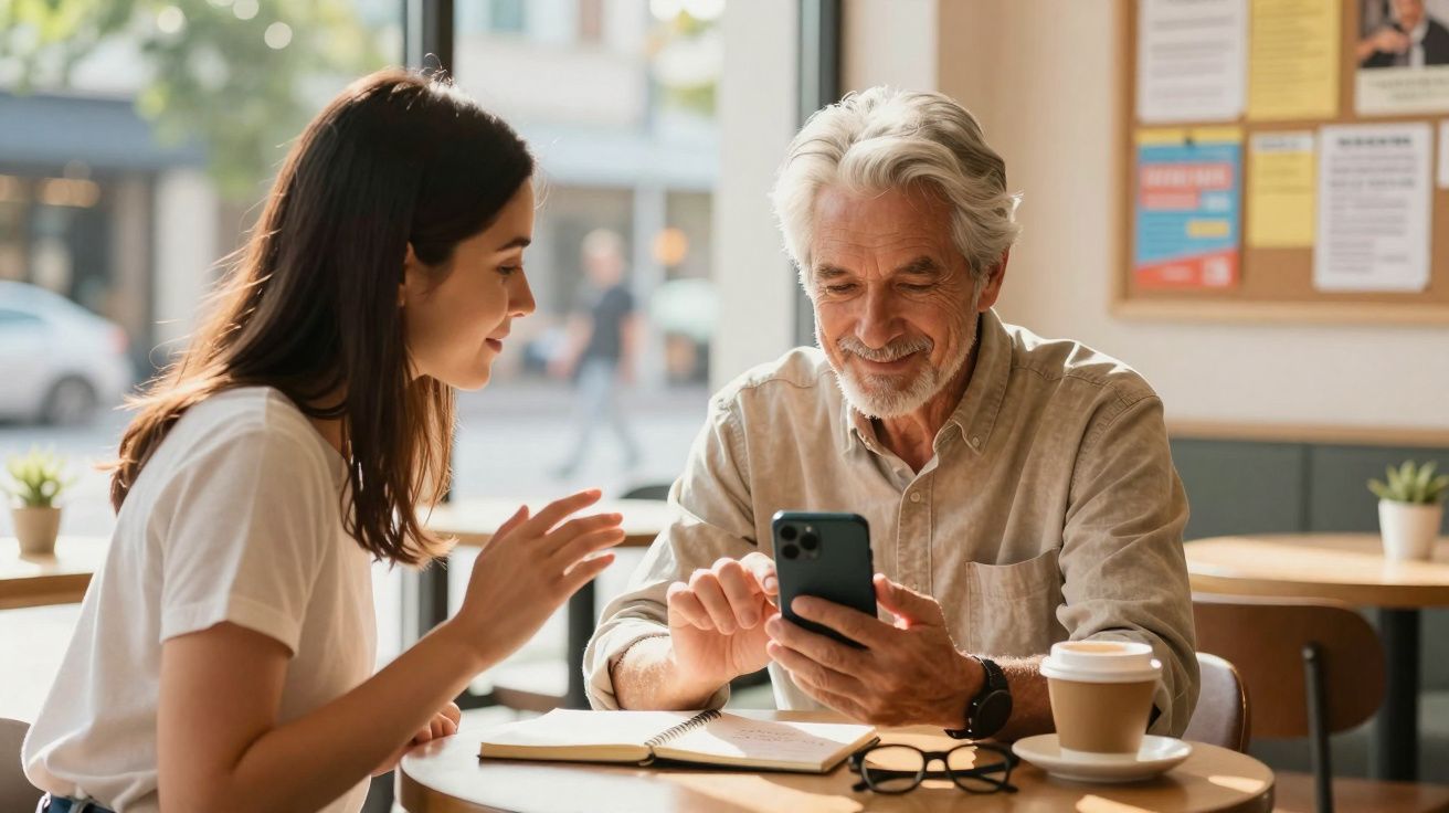 Homem idoso a mostrar algo no telemóvel a mulher jovem num café, com caderno e chá na mesa.