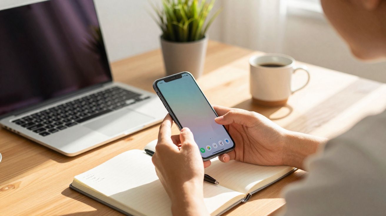 Pessoa a usar smartphone junto a computador portátil, caderno aberto e chávena de café numa secretária de madeira.