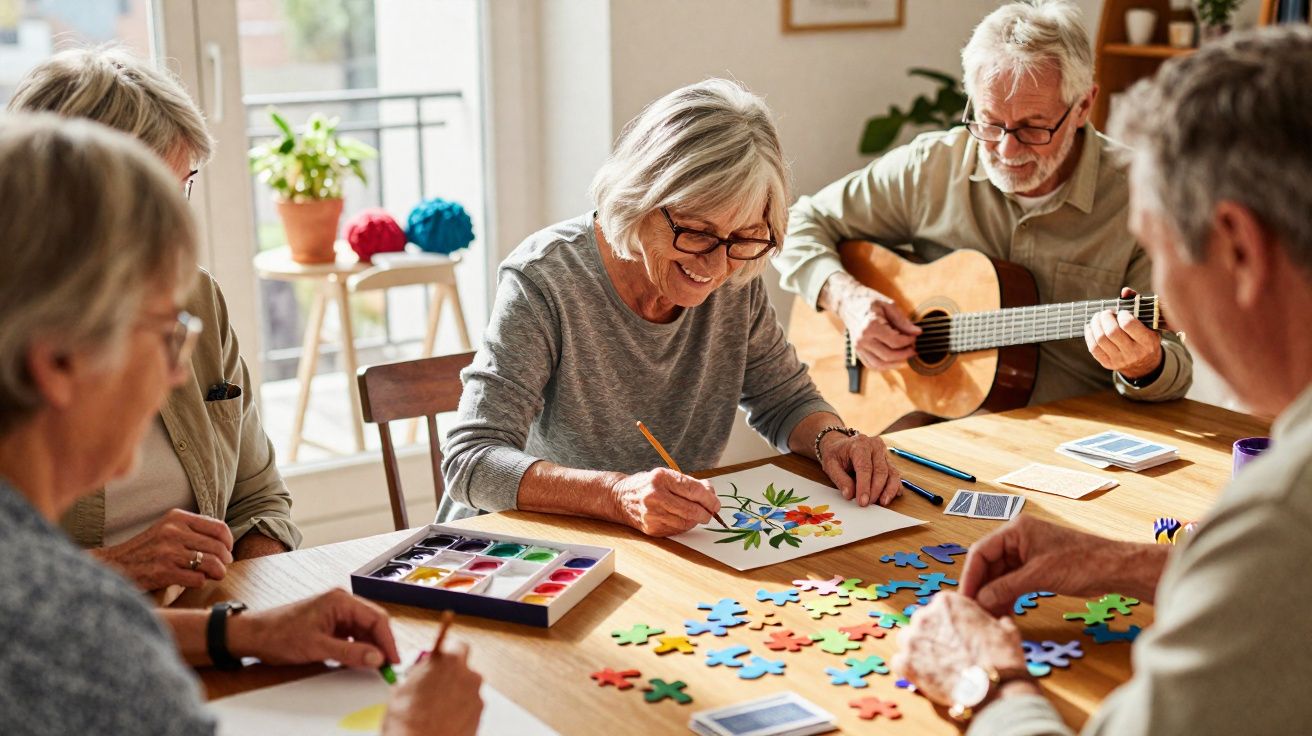 Grupo de idosos a pintar, tocar guitarra e montar quebra-cabeças numa sala iluminada e acolhedora.