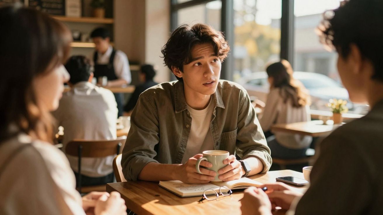 Jovem sentado num café com amigos, segurando uma chávena e conversando numa tarde ensolarada.