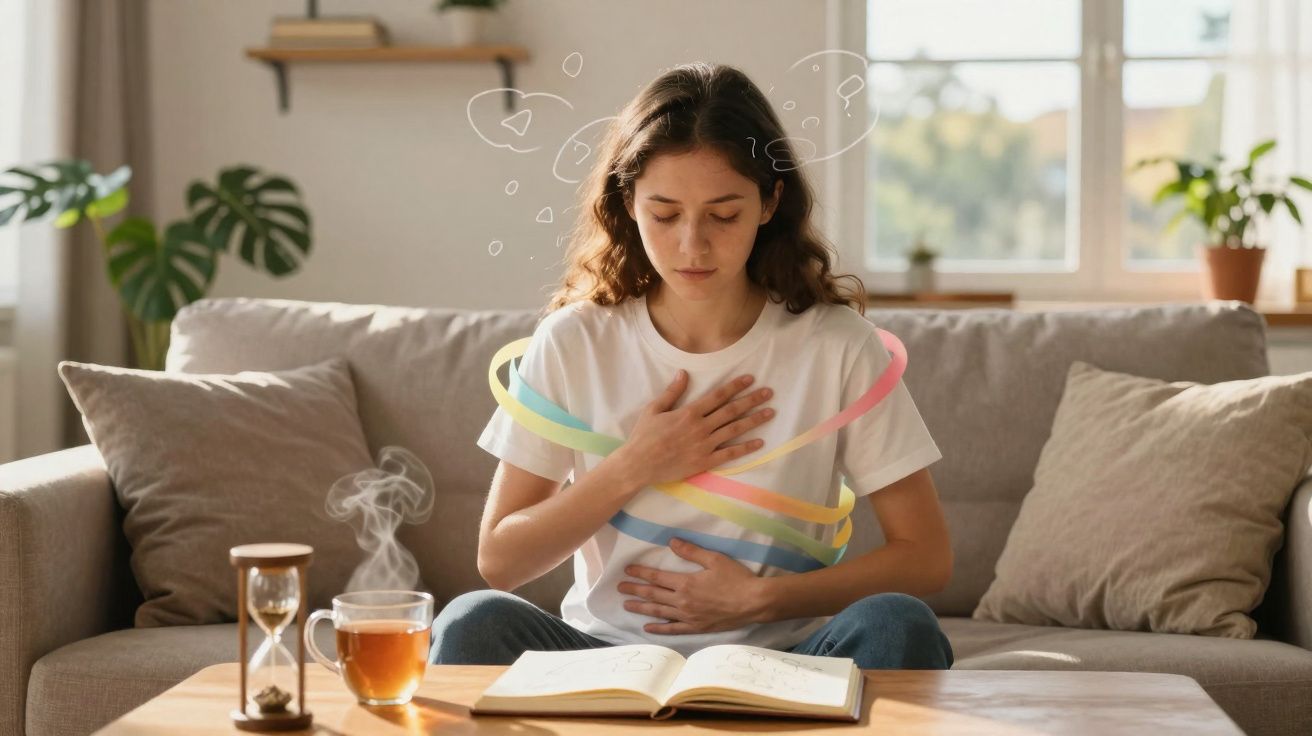 Mulher sentada no sofá com expressão de desconforto e mãos no peito e estômago, à frente chá e livro abertos.