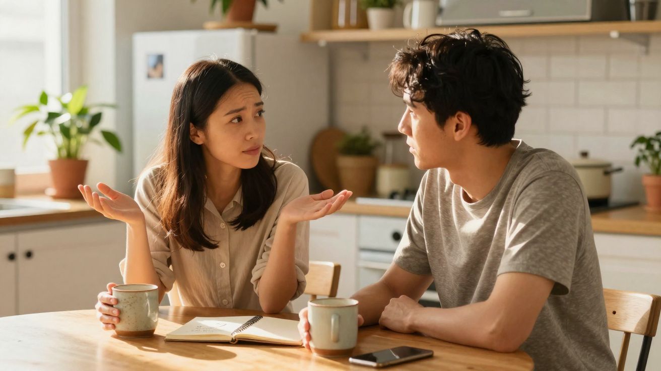 Casal asiático a conversar com expressão preocupada na cozinha, cada um com uma caneca na mão.