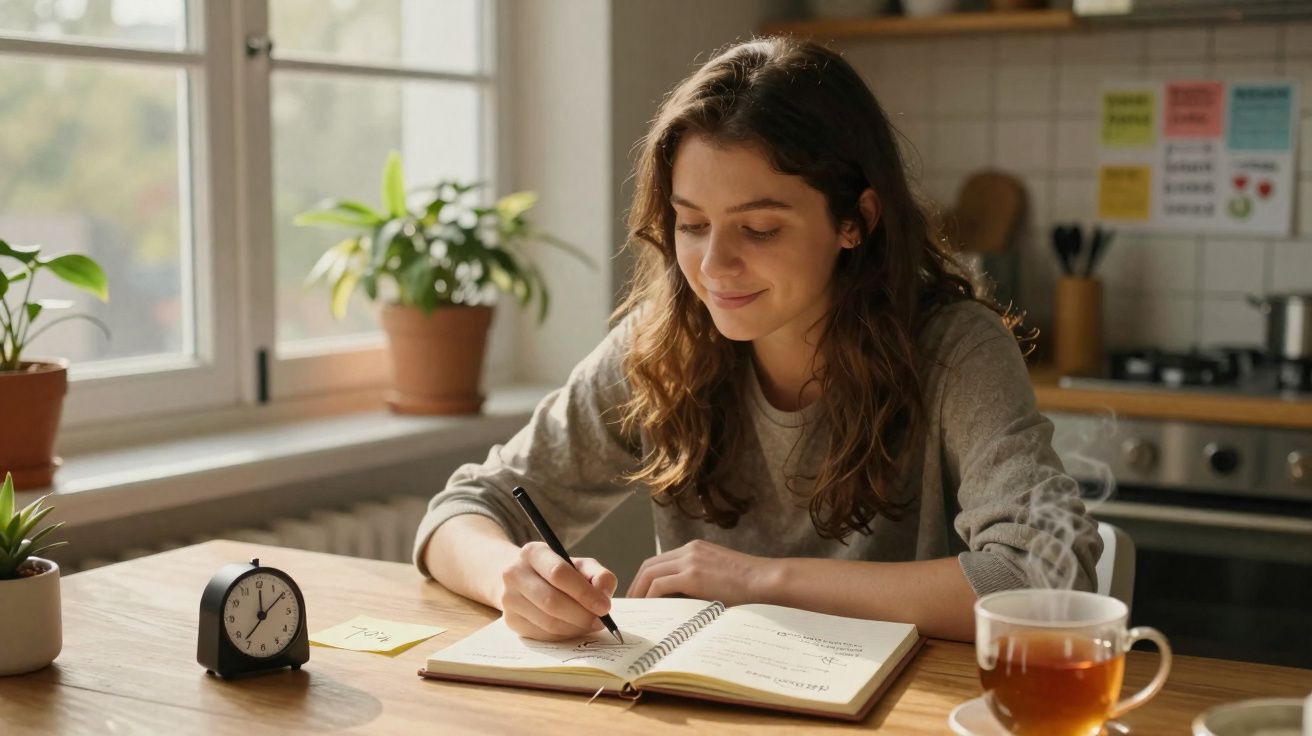 Jovem sentada a escrever num caderno numa cozinha iluminada, com chá fumegante e plantas na janela.