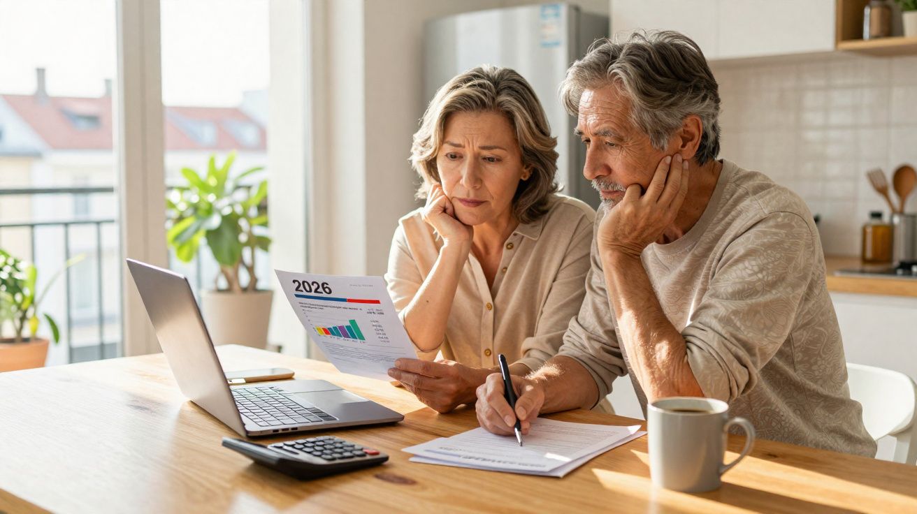 Casal maduro preocupado analisa documentos e gráficos financeiros numa cozinha luminosa com computador portátil.