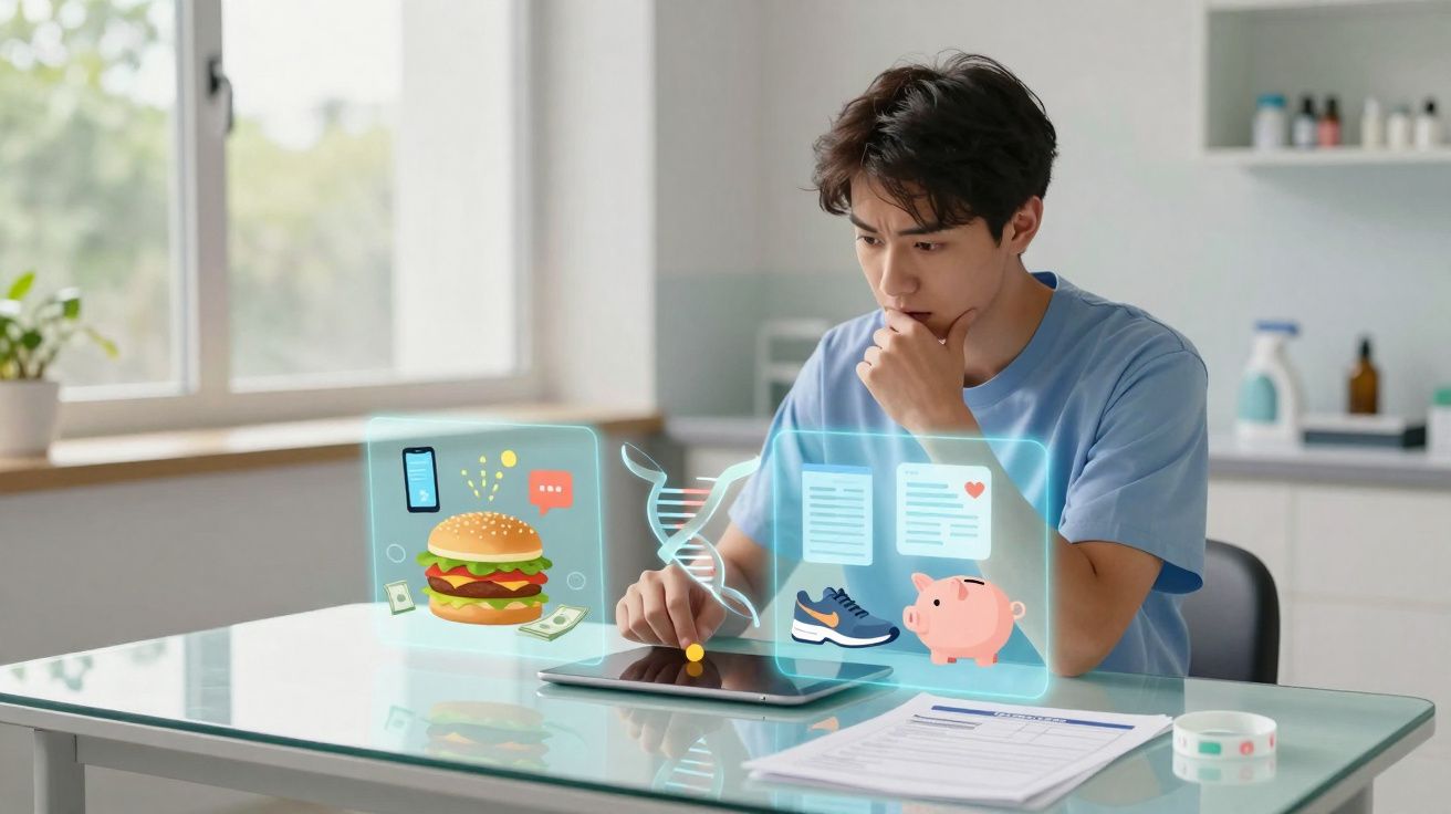 Homem a usar tablet com hologramas de hambúrguer, DNA, sapatos e mealheiro numa mesa moderna.