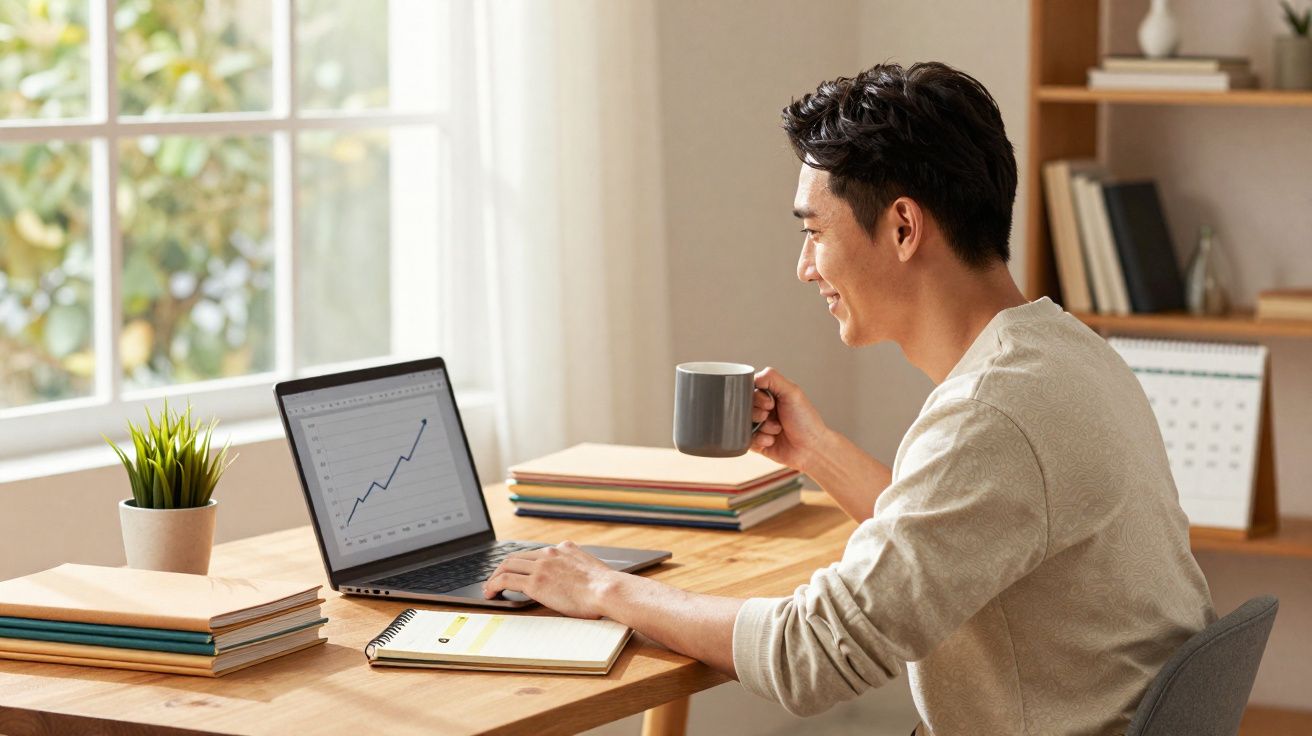 Homem sorridente a trabalhar num portátil com gráfico crescente, a beber chá ou café numa sala iluminada.
