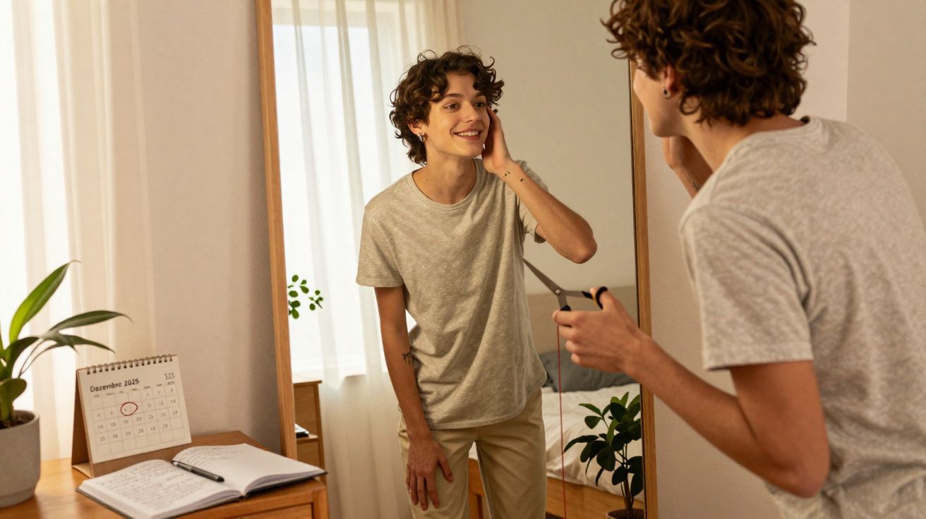 Pessoa jovem, sorrindo, veste t-shirt cinza e calças bege, olhando para o espelho num quarto iluminado.