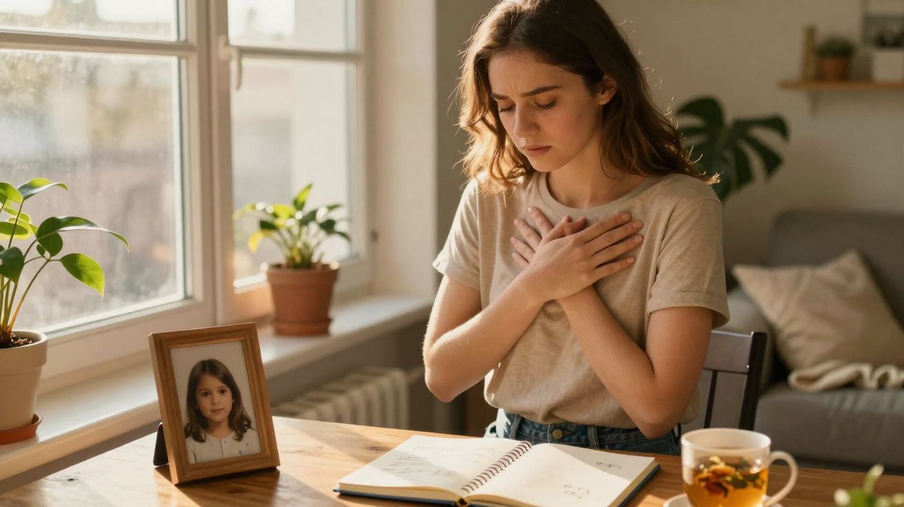 Mulher jovem sentada à mesa com mãos no peito, expressão triste, junto a foto de criança e caderno aberto.