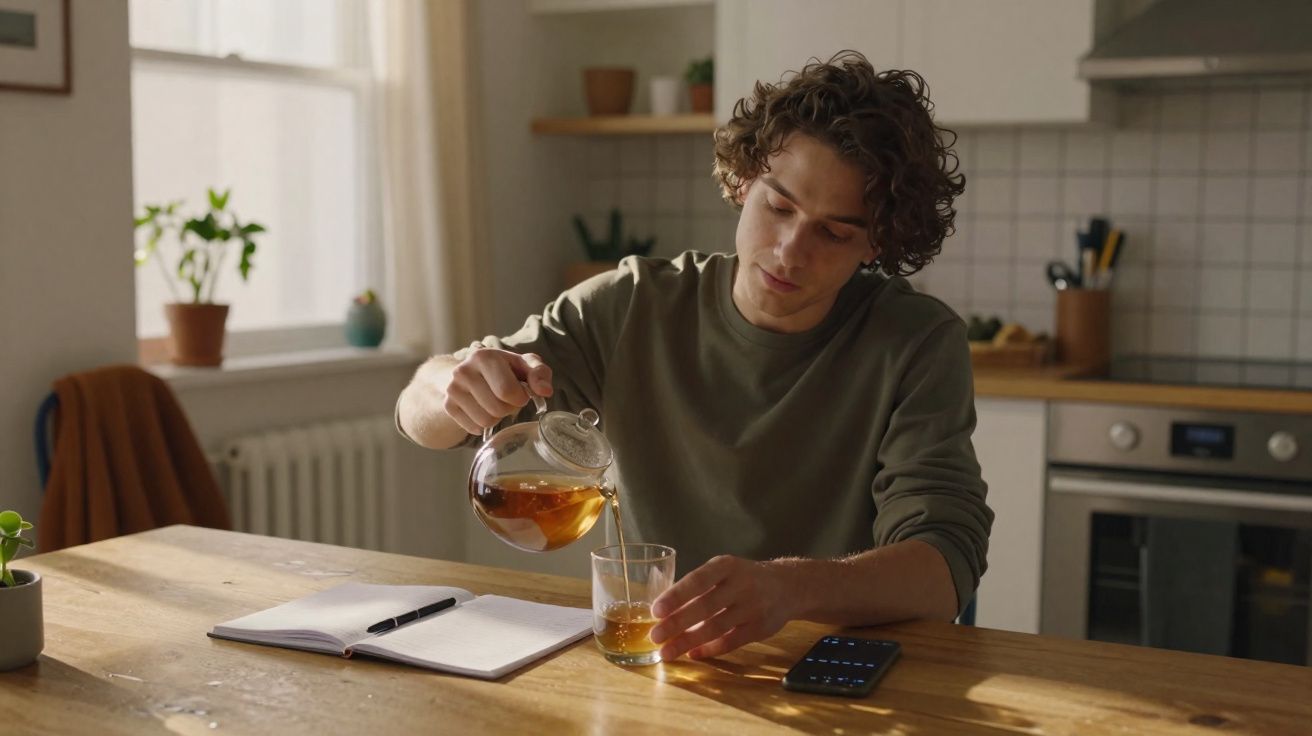 Jovem a servir chá numa chávena, sentado à mesa com caderno aberto e telemóvel numa cozinha iluminada pela janela.