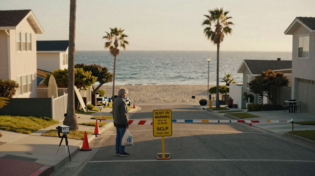 Pessoa junto a barreira numa rua bloqueada com vista para a praia e o mar ao fundo, com palmeiras ao redor.