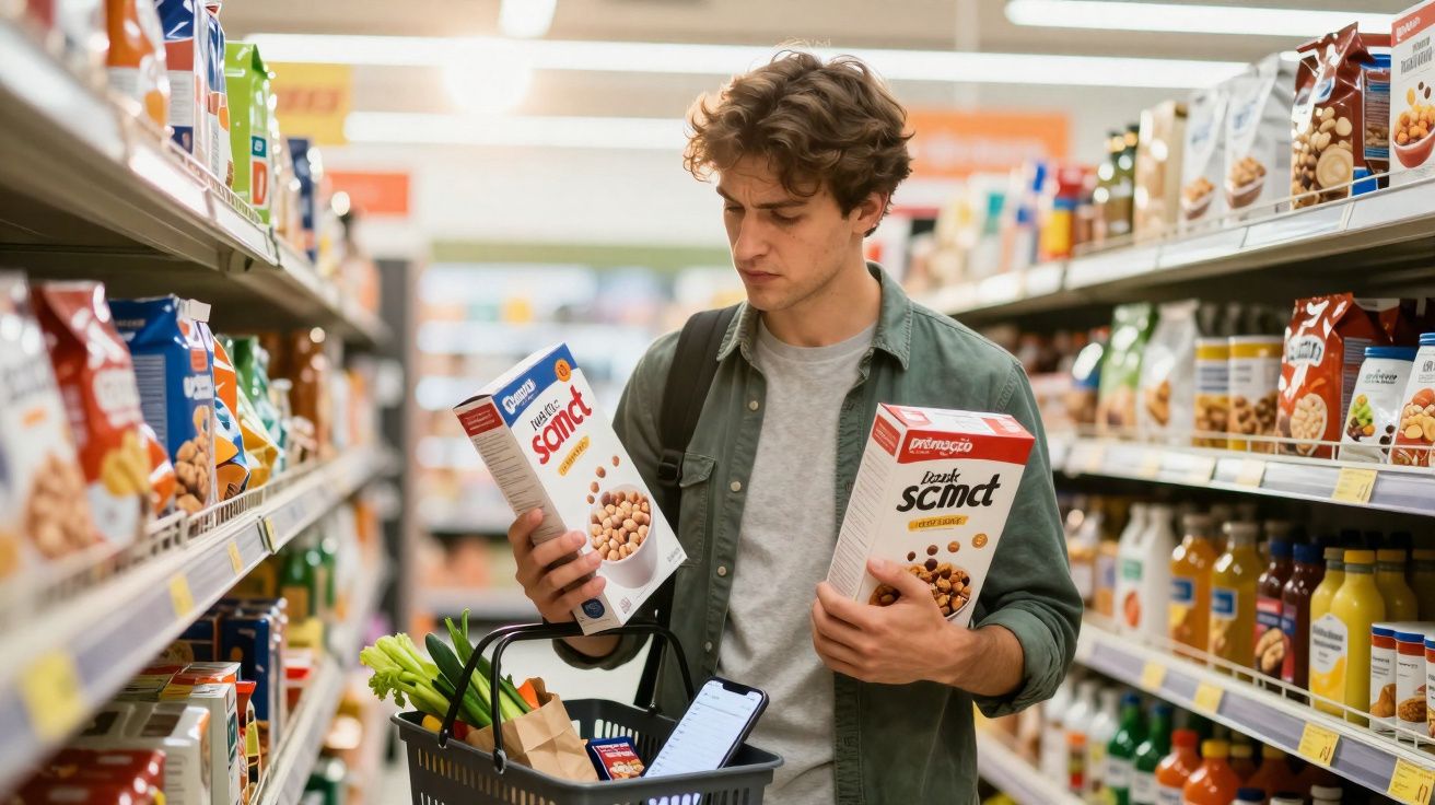 Homem escolhe cereal emcaixa num corredor de supermercado, segurando duas caixas diferentes.