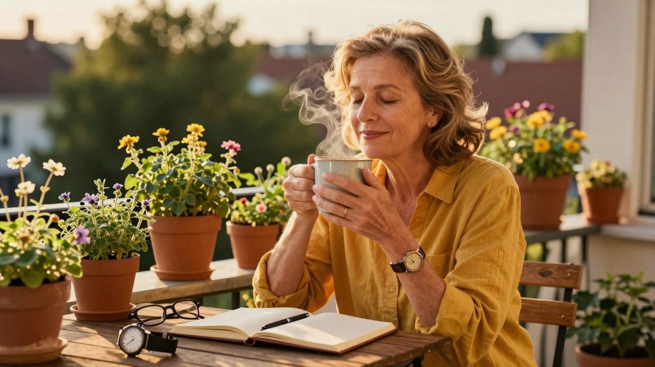 Mulher desfrutando de bebida quente enquanto lê num terraço com plantas em vasos ao fim da tarde.