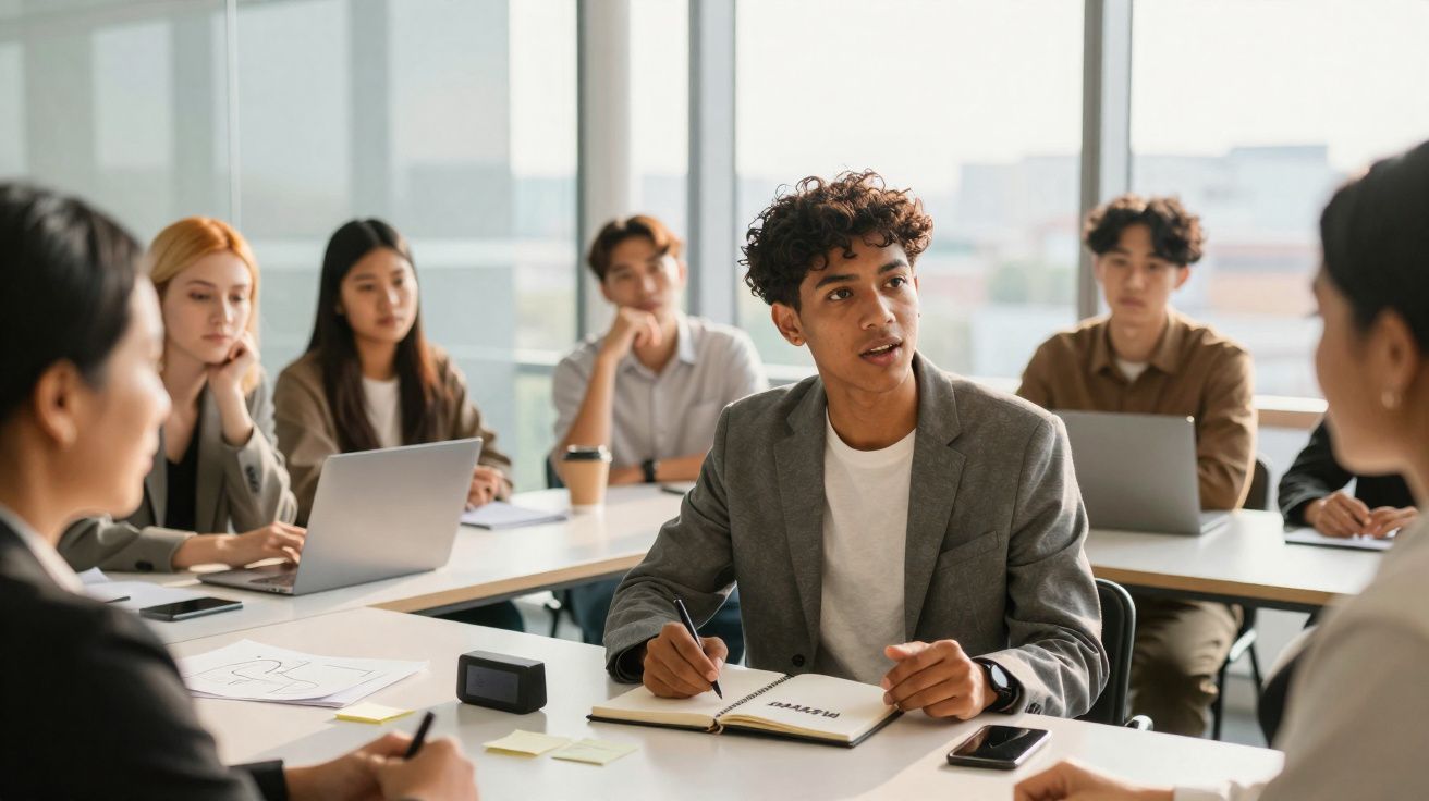 Jovem a falar durante reunião de trabalho com colegas atentos e laptops numa sala luminosa.