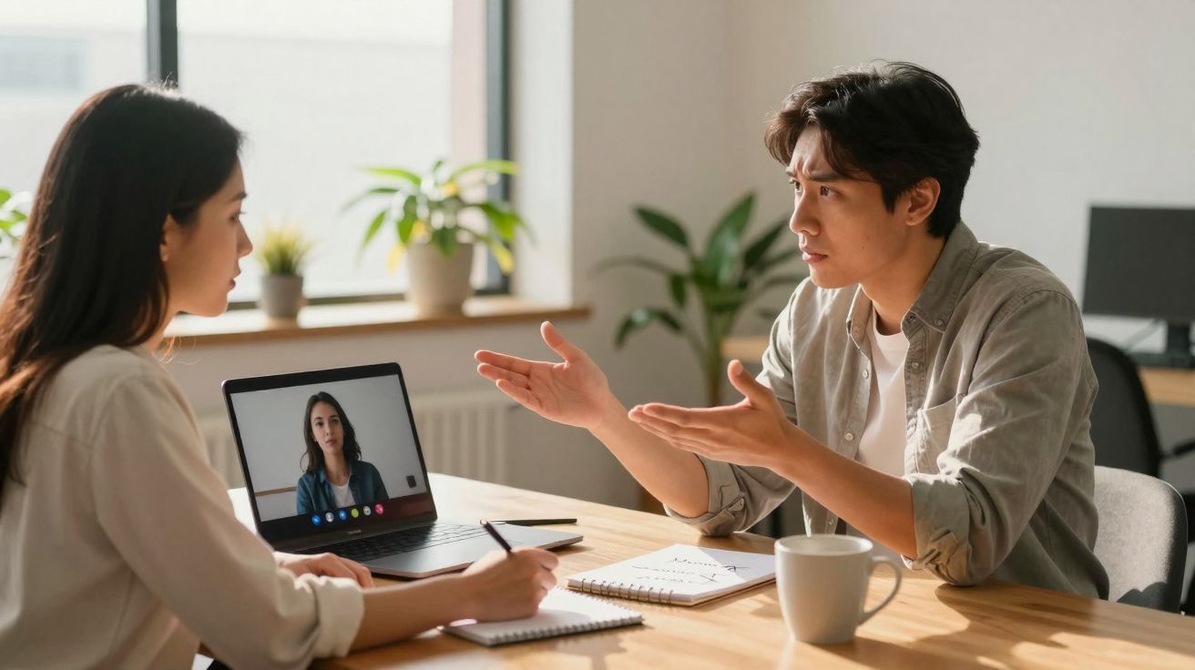 Dois colegas discutem presencialmente enquanto uma terceira pessoa participa por videoconferência num laptop.