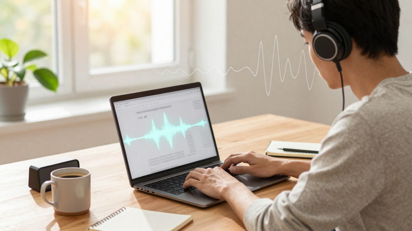Pessoa com auscultadores a editar áudio num computador portátil numa mesa com caderno e chávena de café.