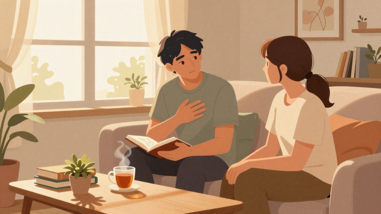 Homem e mulher sentados no sofá a conversar, com chá e plantas numa mesa de madeira à frente.