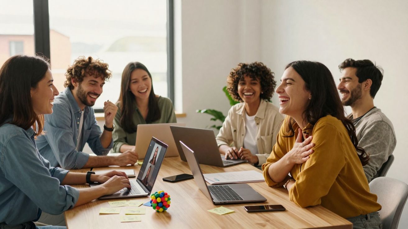Grupo de seis jovens a trabalhar juntos e a rir numa reunião num escritório moderno.