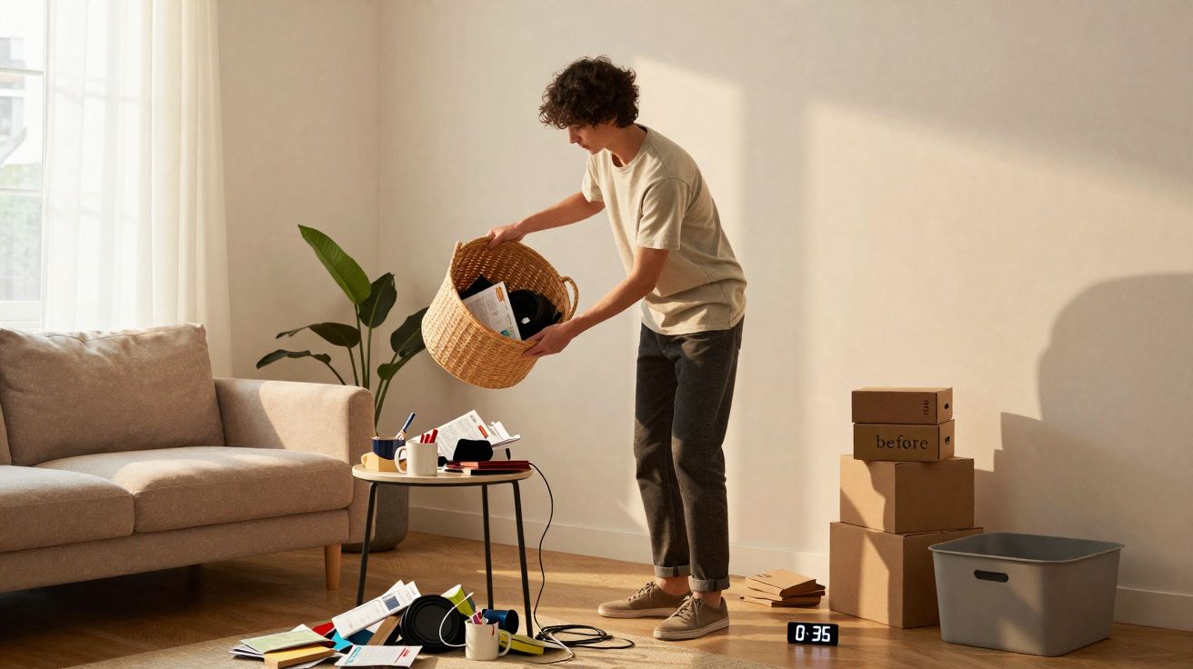 Pessoa a arrumar objetos numa sala com sofá, plantas, caixas e relógio digital no chão.