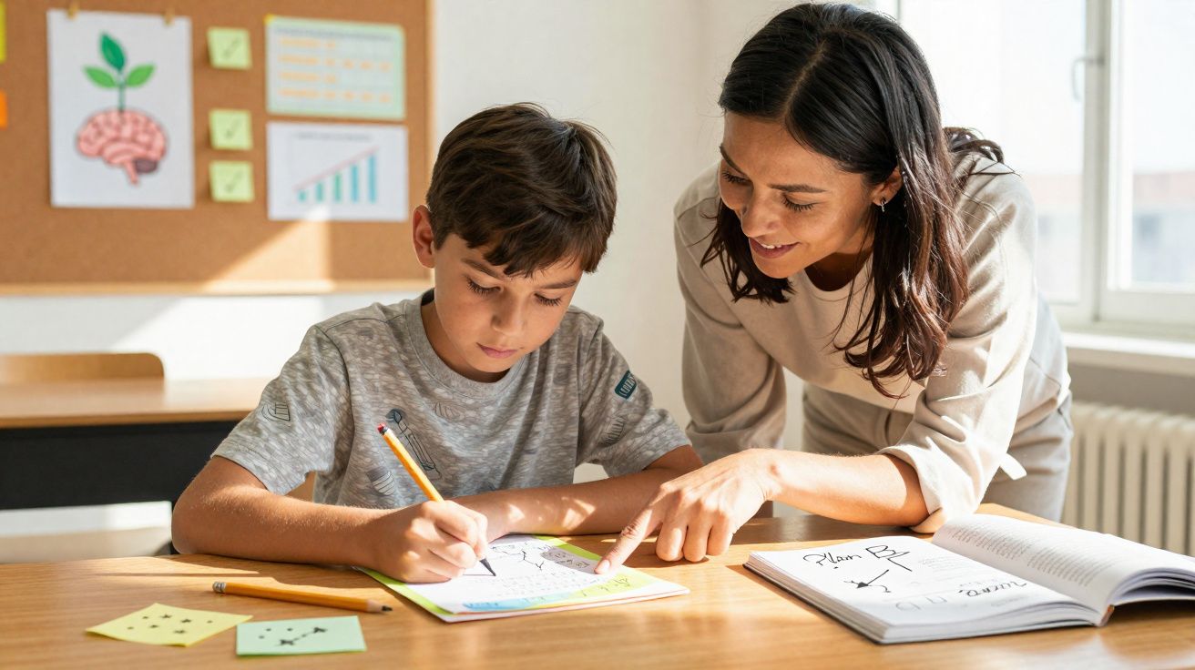 Professor ajuda aluno com tarefa escolar numa sala de aula iluminada e organizada.