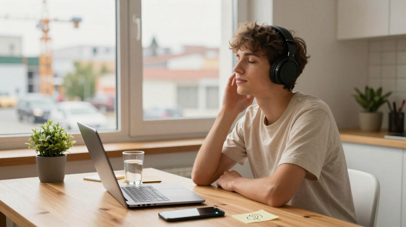 Jovem de olhos fechados a ouvir música com auscultadores, sentado à mesa com portátil e telemóvel.