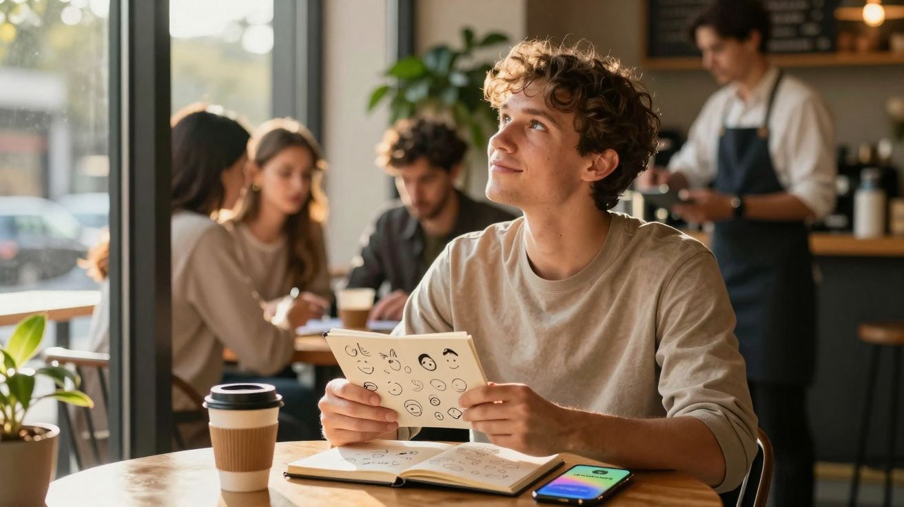 Jovem sentado num café, a olhar para cima enquanto segura desenhos num caderno, com outras pessoas ao fundo.