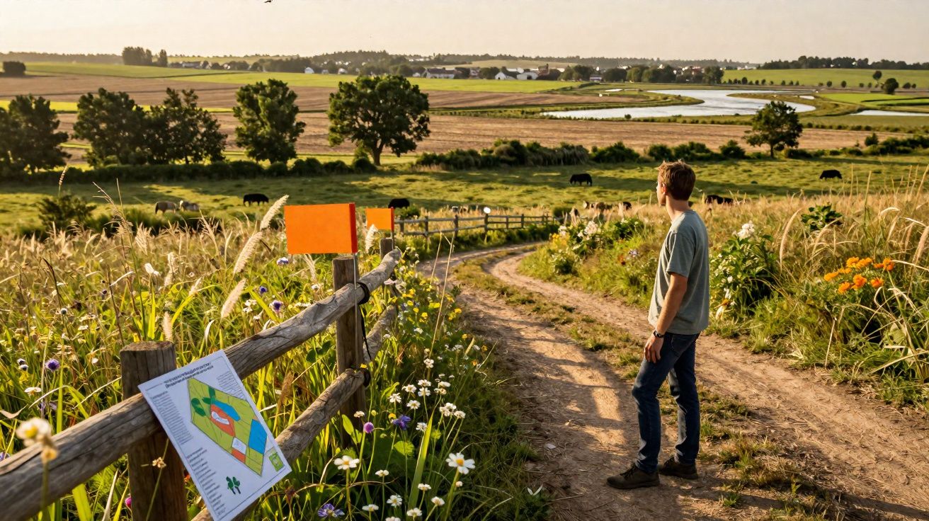Homem observa paisagem rural com campo, vacas e caminho de terra ao entardecer.