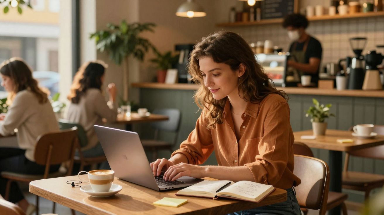Mulher a trabalhar num café com portátil, caderno aberto e chávena de café na mesa.