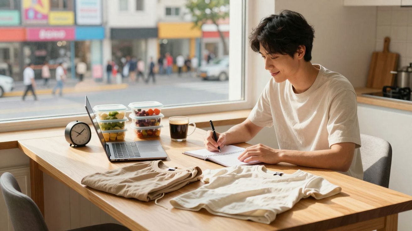 Homem sentado a escrever num caderno à mesa, com computador, relógio e t-shirts dobradas ao lado.