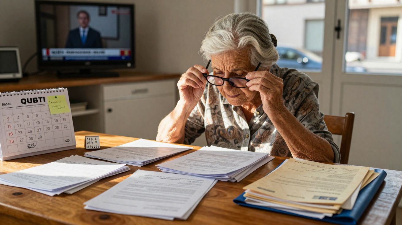 Idosa com roupa estampada usa óculos para ler documentos numa mesa com calendário e televisão ao fundo.