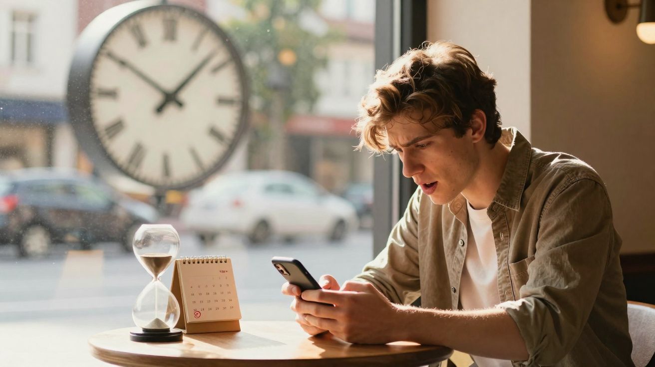 Homem jovem sentado junto a janela, a olhar ansiosamente para o telemóvel numa mesa com ampulheta e calendário.