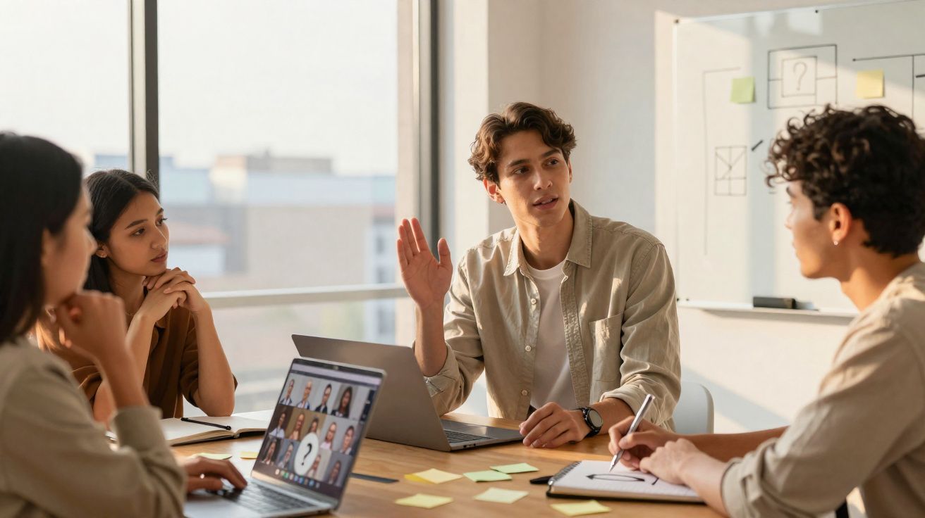 Grupo de três jovens a discutir um projeto em reunião com laptops e notas numa sala iluminada.