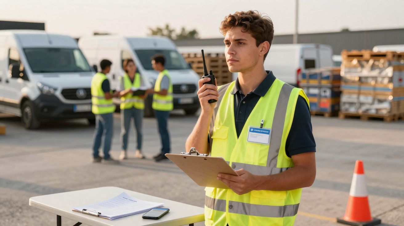 Homem com colete refletor usa rádio comunicador numa área de entrega com furgões e colegas ao fundo.