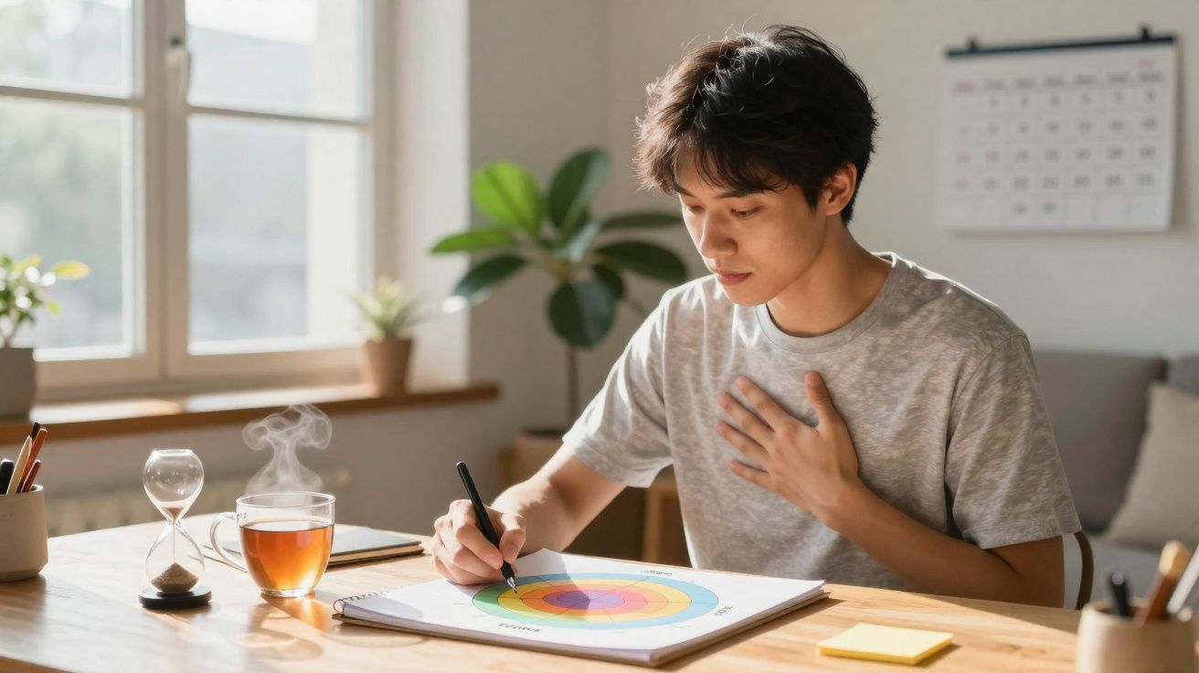 Jovem sentado à mesa a desenhar um gráfico colorido, com uma chávena de chá e relógio de areia ao lado.