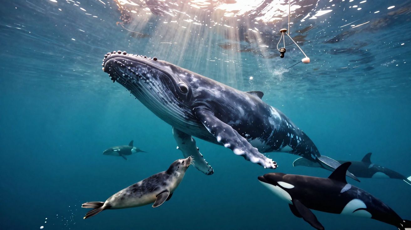 Baleia, orca e foca nadando juntos em águas claras com raios de sol filtrando-se na superfície.