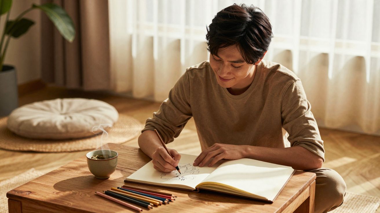 Pessoa sentada ao chão a desenhar num caderno com lápis de cor, ao lado de uma chávena de chá quente.