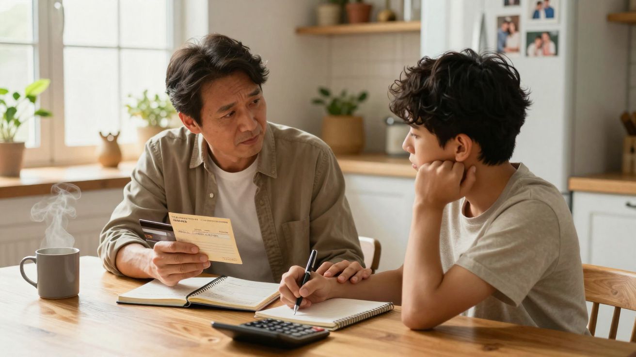 Pai e filho juntos à mesa a organizar finanças com caderno, calculadora e talão bancário numa cozinha iluminada.