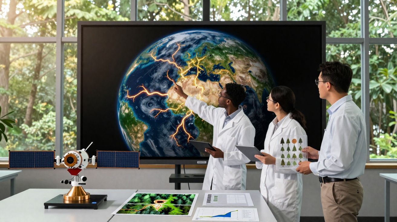 Três cientistas em laboratório estudam falhas geológicas no globo exibido num ecrã digital grande.