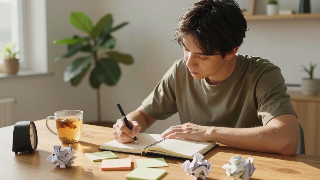 Jovem sentado à mesa, a escrever num caderno com chá e notas adesivas ao redor.