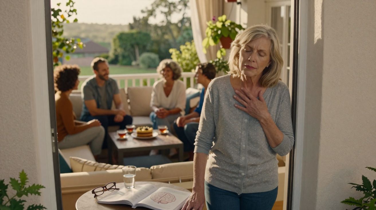 Mulher idosa com mão no peito parece desconfortável, enquanto grupo conversa alegremente ao fundo.