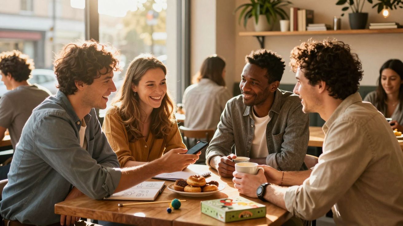 Grupo de quatro amigos sorrindo e conversando numa cafeteria, com bolos e bebidas na mesa.
